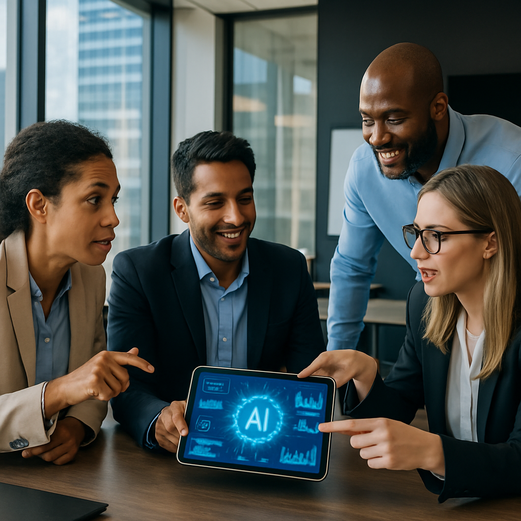 Team of professionals discussing AI solutions in a modern office setting