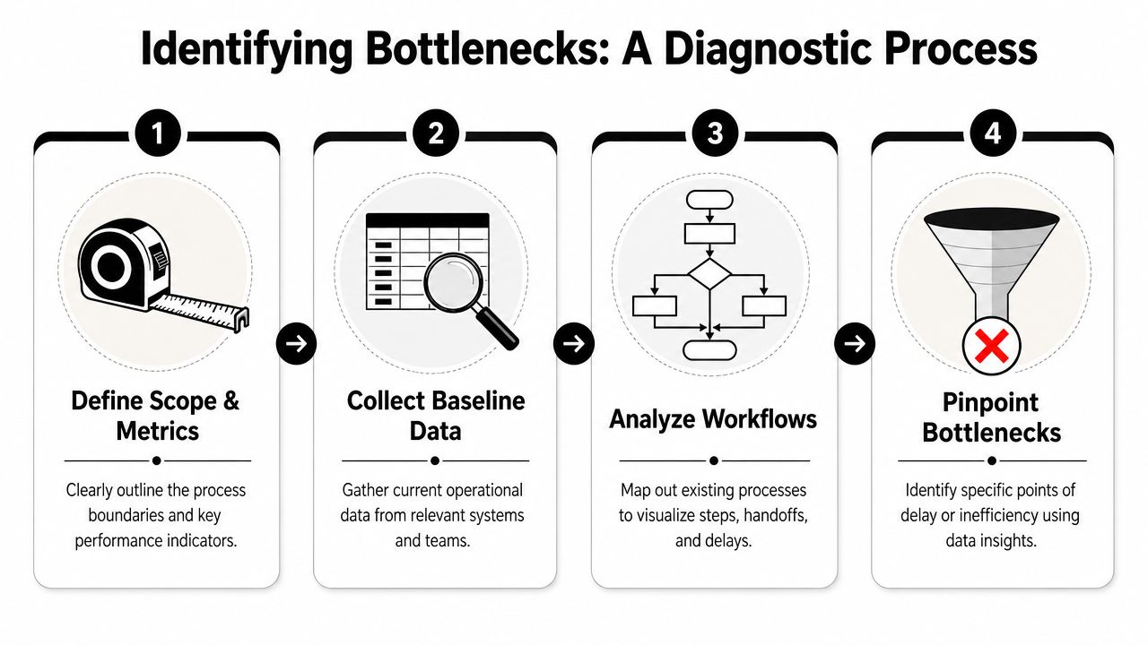 A four-step infographic illustrating the diagnostic process for identifying operational bottlenecks in a business workflow.
