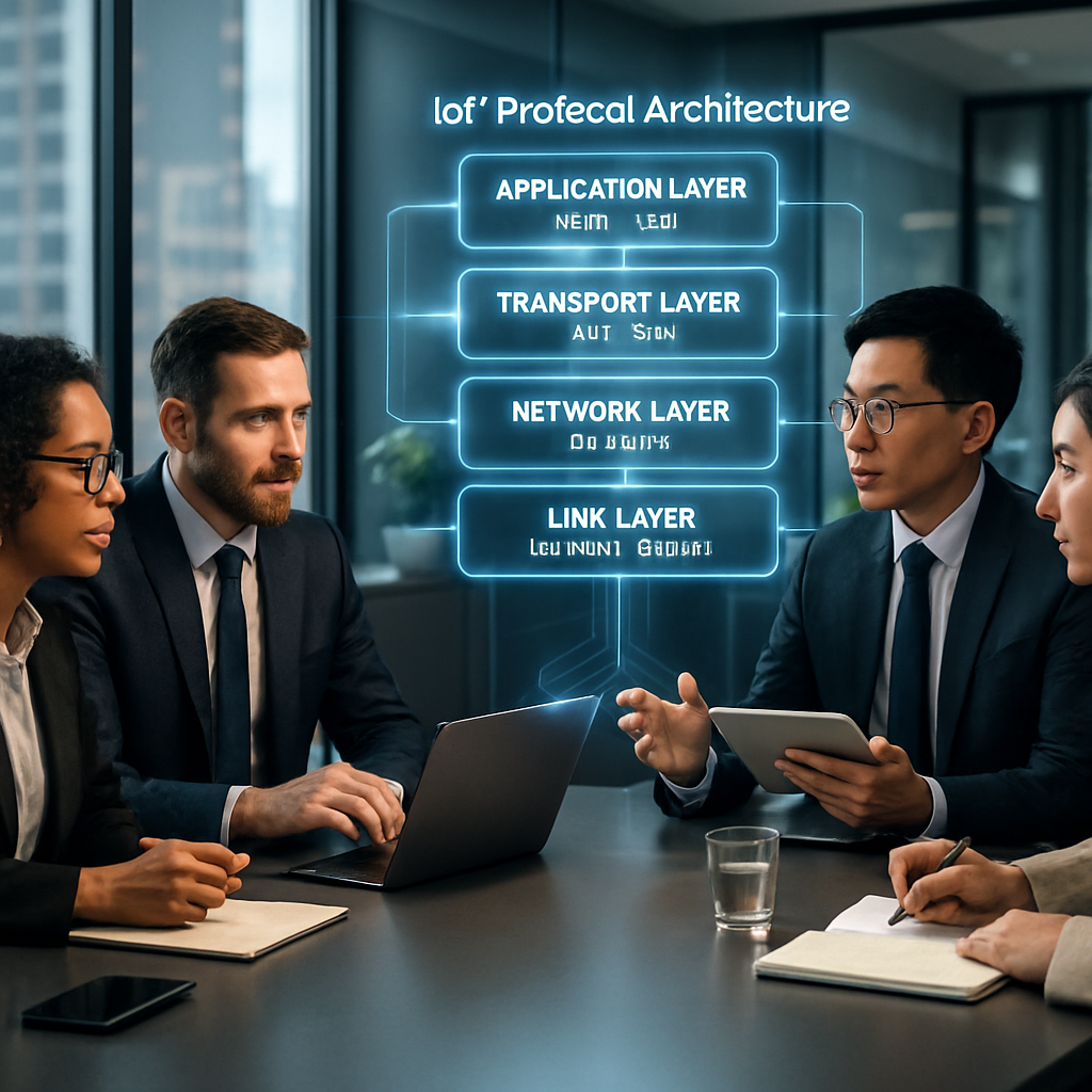 Team of professionals reviewing IoT protocol architecture on digital screens in a modern office setting.