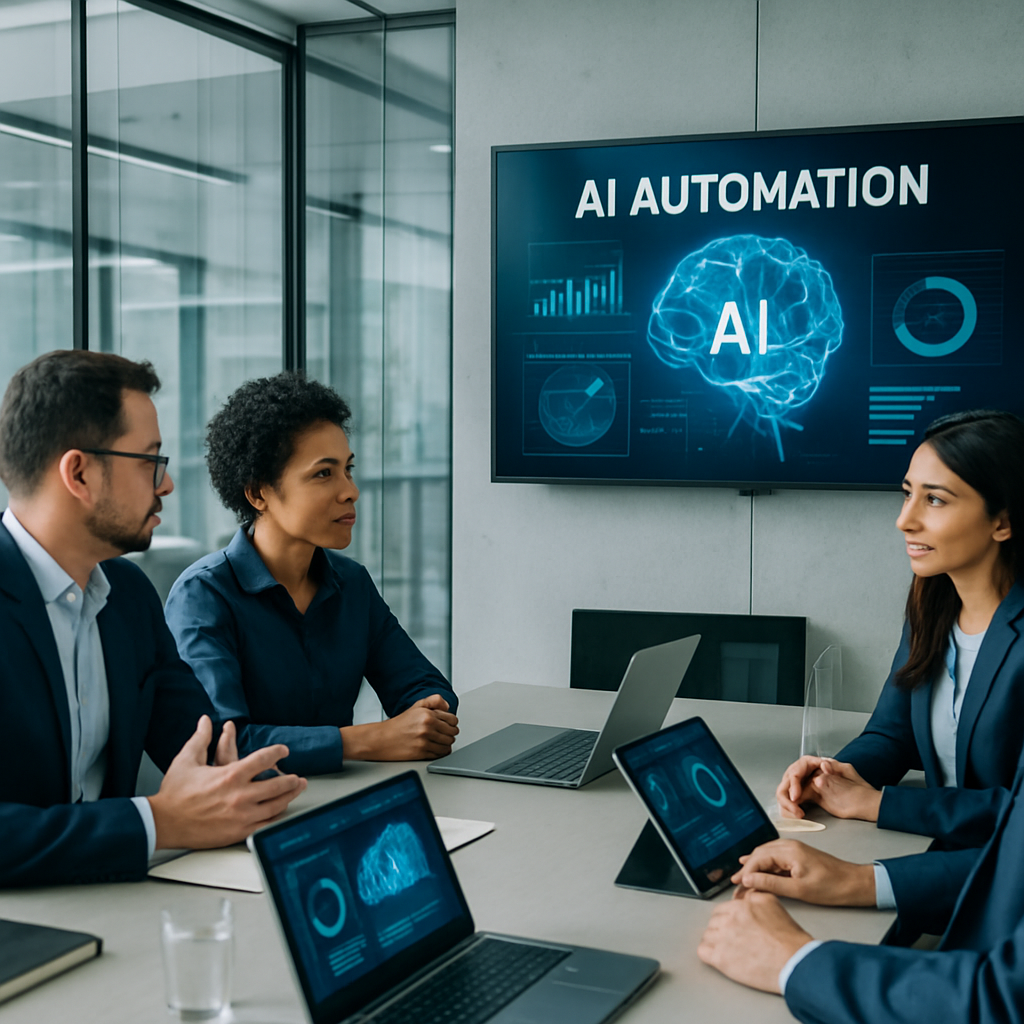 Business team in a modern conference room discussing AI automation strategies