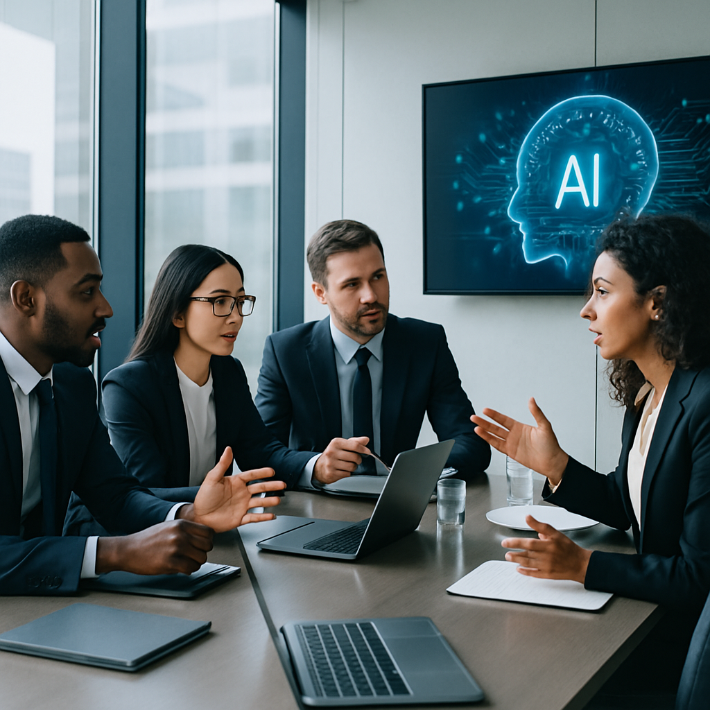 Business team discussing AI strategy with digital charts on a screen in a modern office.