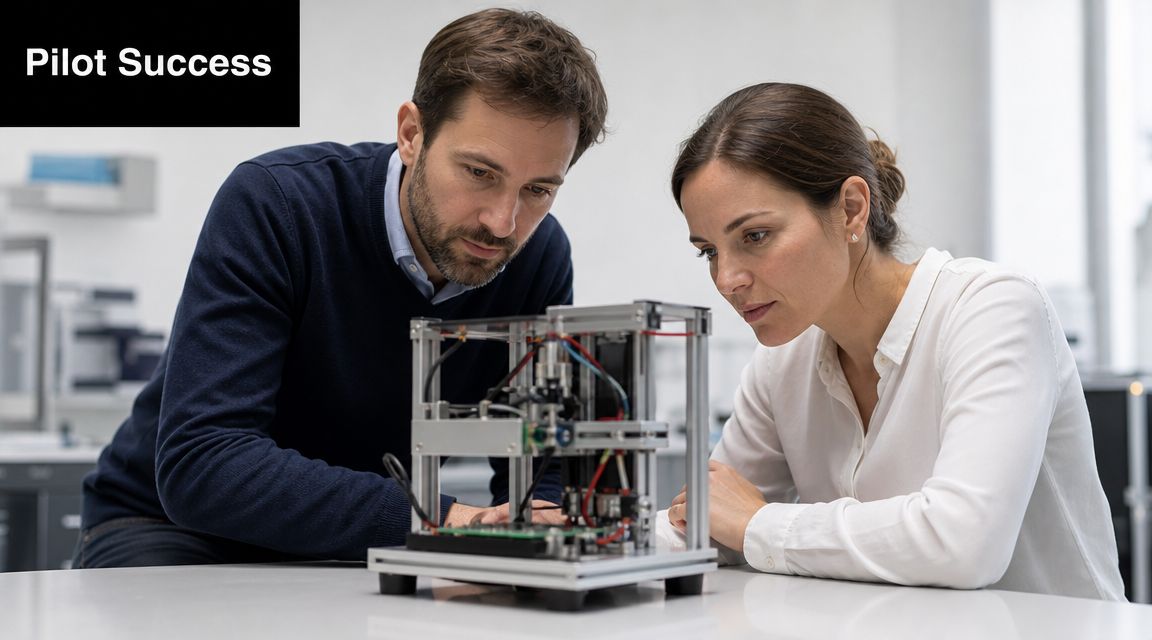 A man and a woman in a lab looking closely at a small mechanical device prototype.