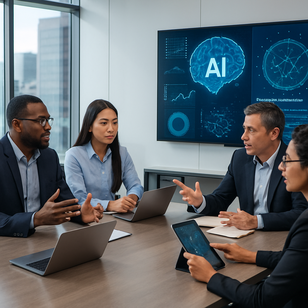 Team of professionals reviewing AI development strategies on a screen in a modern office setting.