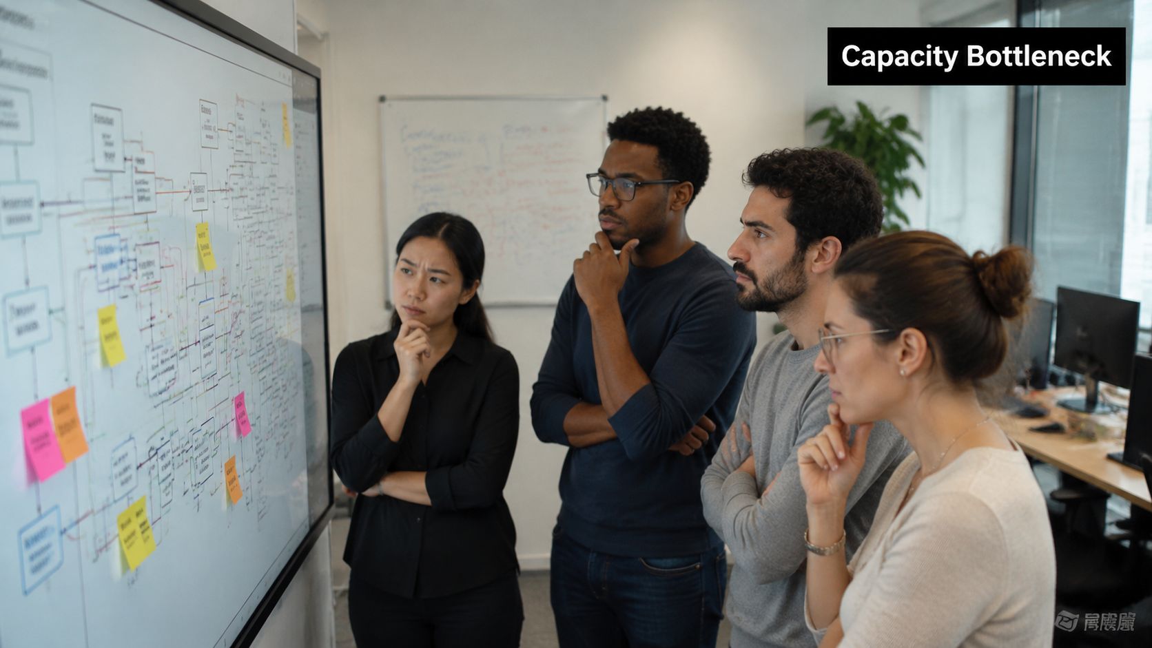 A diverse professional team analyzing complex project workflows on a digital whiteboard in a modern office environment.