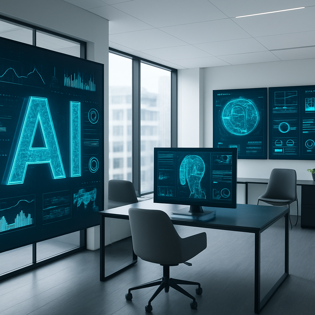 A team in a modern office reviewing AI technology displays on screens.