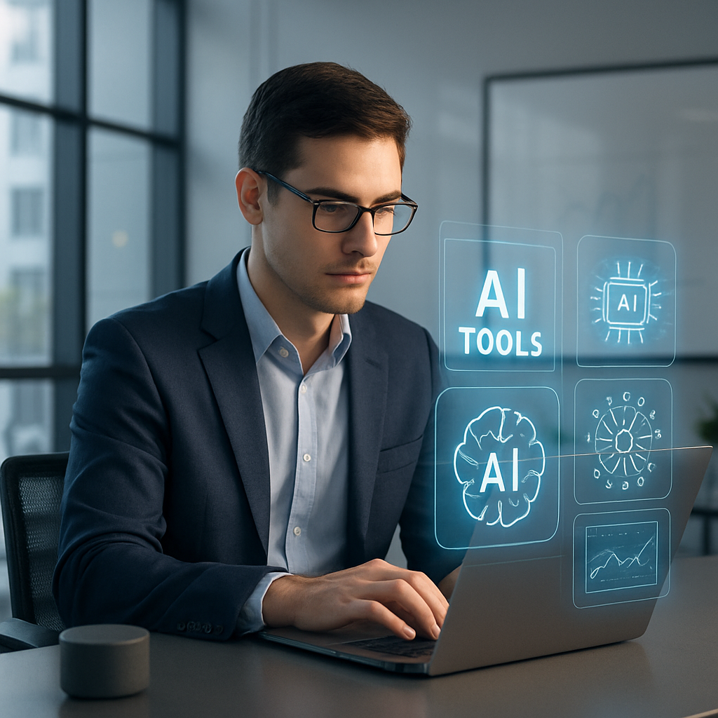Developer working with AI coding assistants on a laptop in a bright modern office