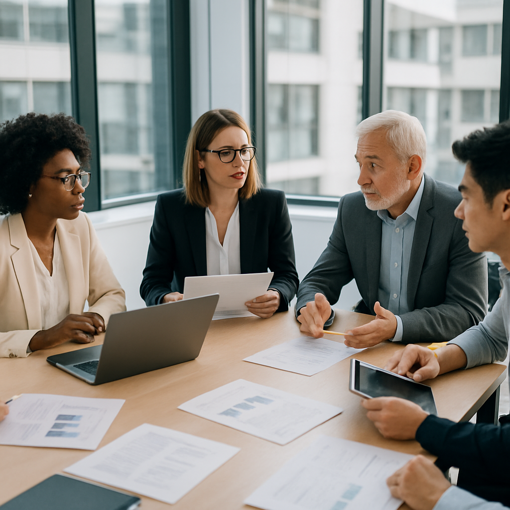 Business team in a modern office reviewing software development proposals on a laptop