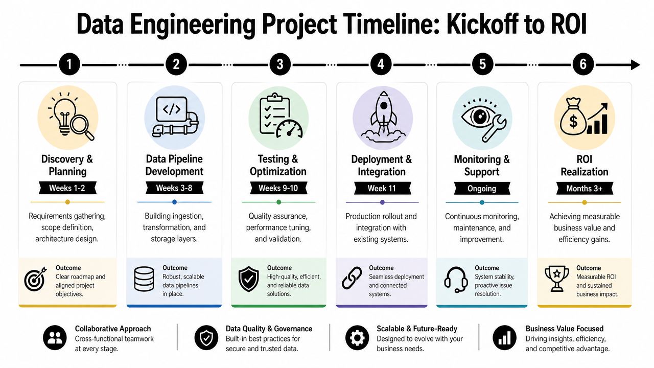 A six-stage roadmap for data engineering projects, detailing the workflow from initial planning to business value realization.