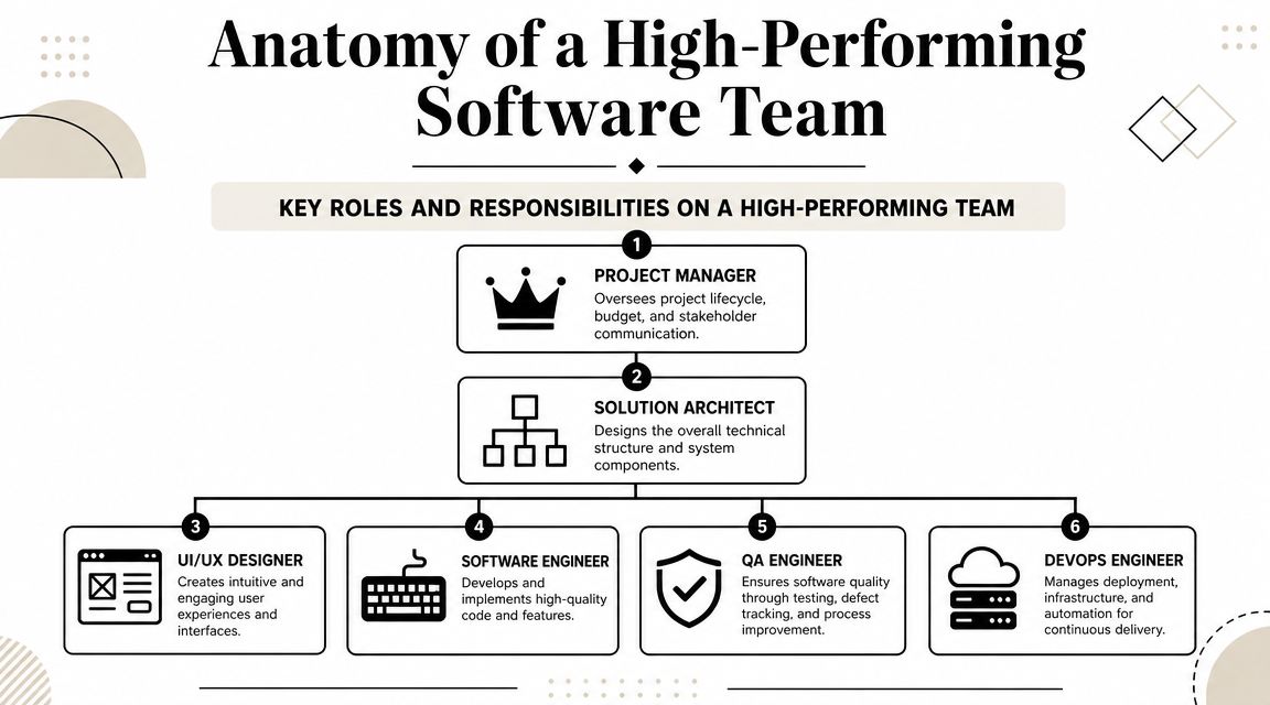 A diagram outlining the key roles and responsibilities of a high-performing software development team structure.