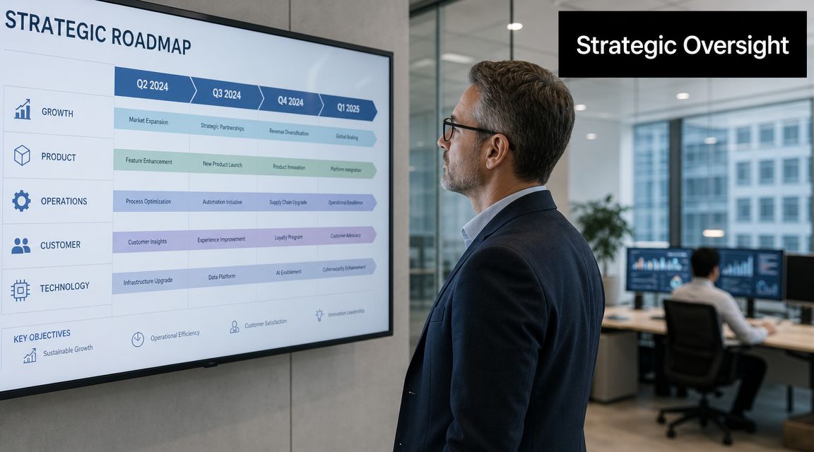A professional man looks at a strategic roadmap on a large monitor in an office setting.