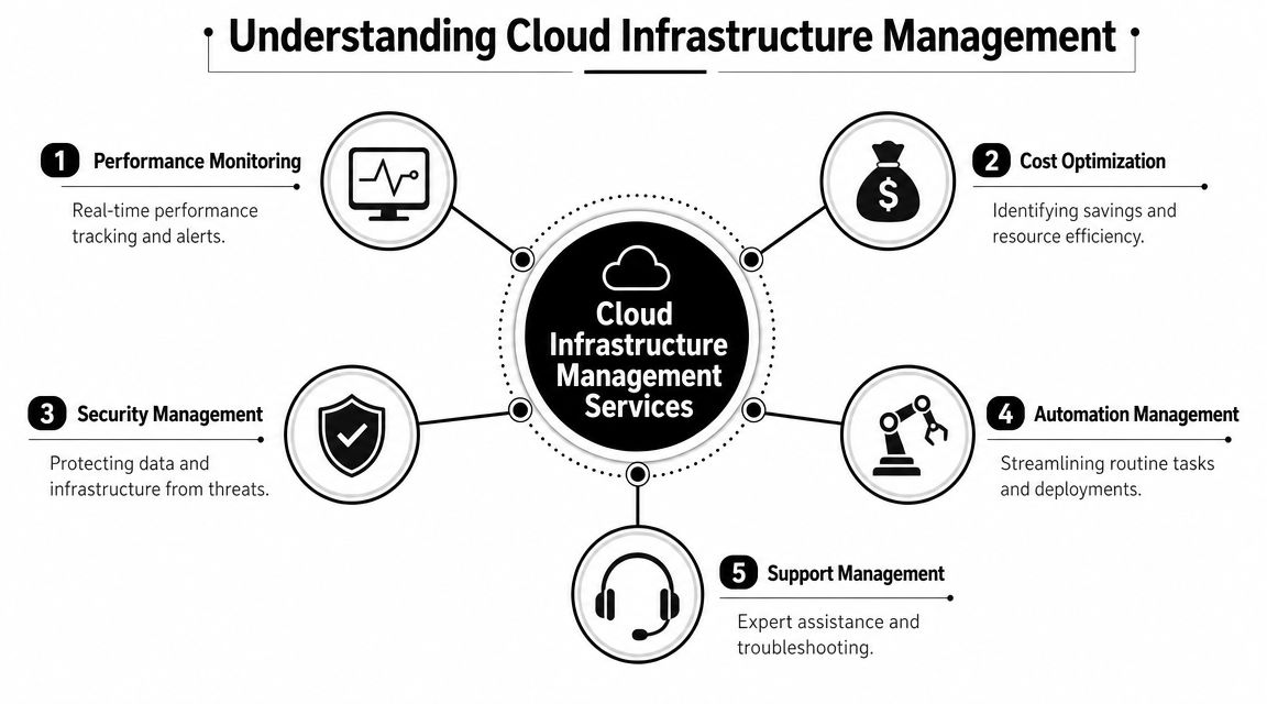 A diagram outlining five key services for effective cloud infrastructure management including monitoring, optimization, security, automation, and support.