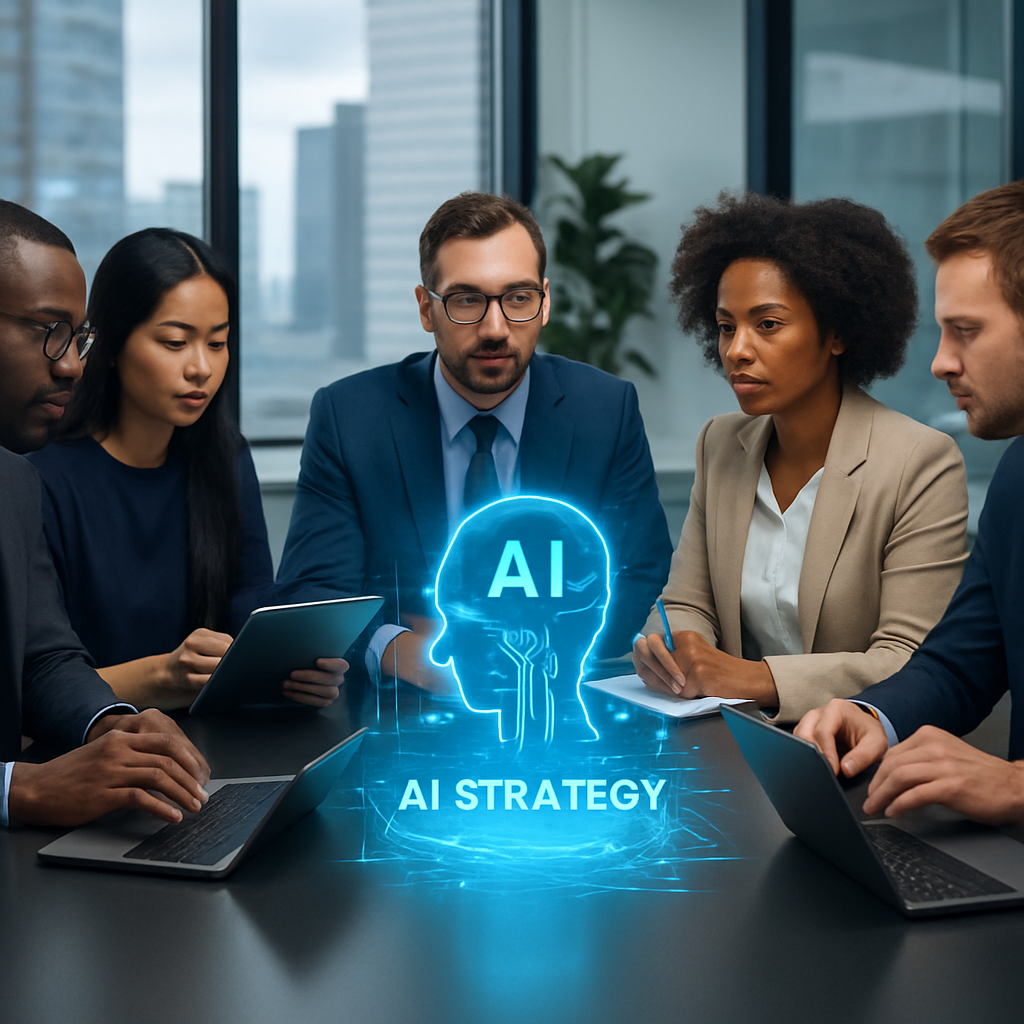 A business team in a modern office discussing AI strategy with charts and laptops.