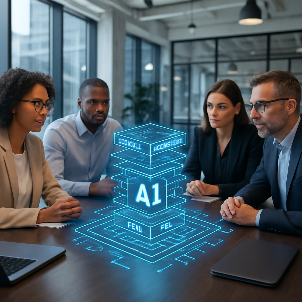 Professionals reviewing AI system architecture on digital screens in a modern office setting