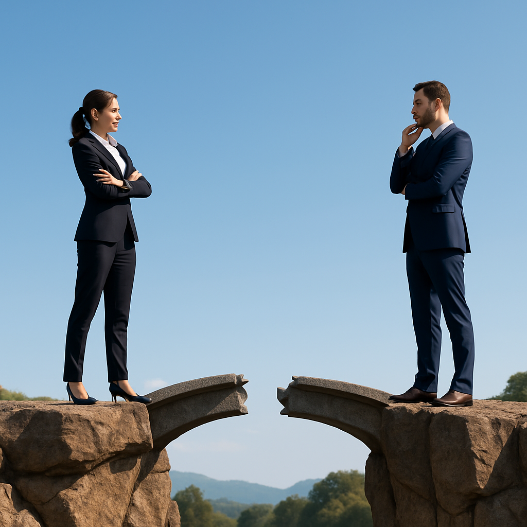 Business professionals on separate cliffs with a broken bridge representing communication gaps in software development outsourcing.