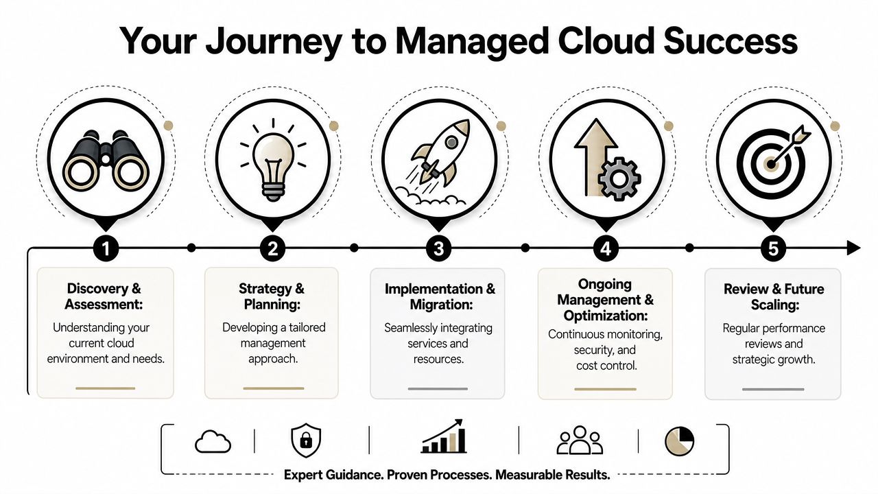 A five-step roadmap infographic titled Your Journey to Managed Cloud Success outlining cloud infrastructure management processes.