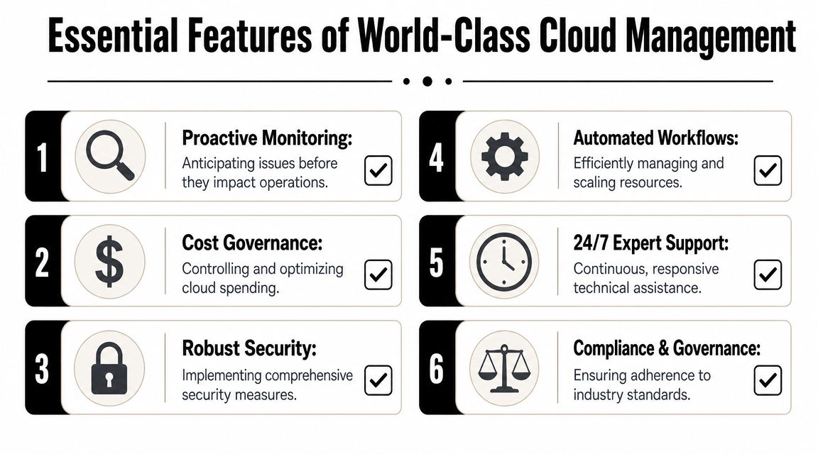 An infographic displaying six essential features of world-class cloud management including monitoring, cost governance, security, and support.