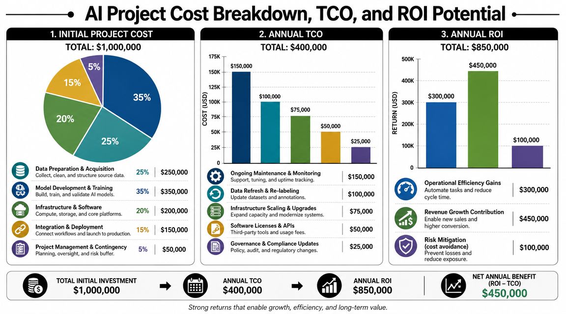 A detailed infographic showcasing the breakdown of AI project costs, annual total cost of ownership, and annual return on investment.