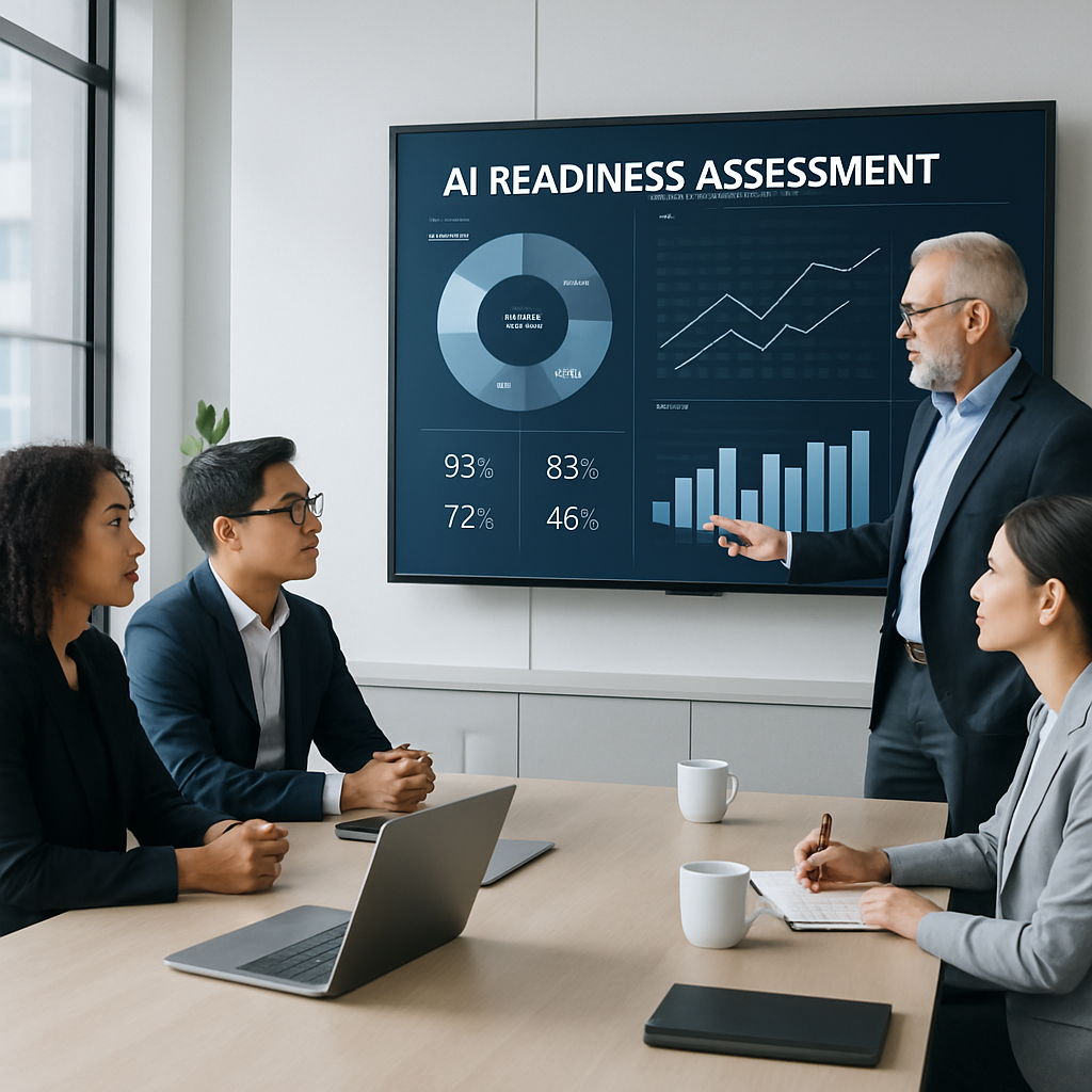 Business team reviewing AI readiness assessment data on a large screen in a modern office setting.