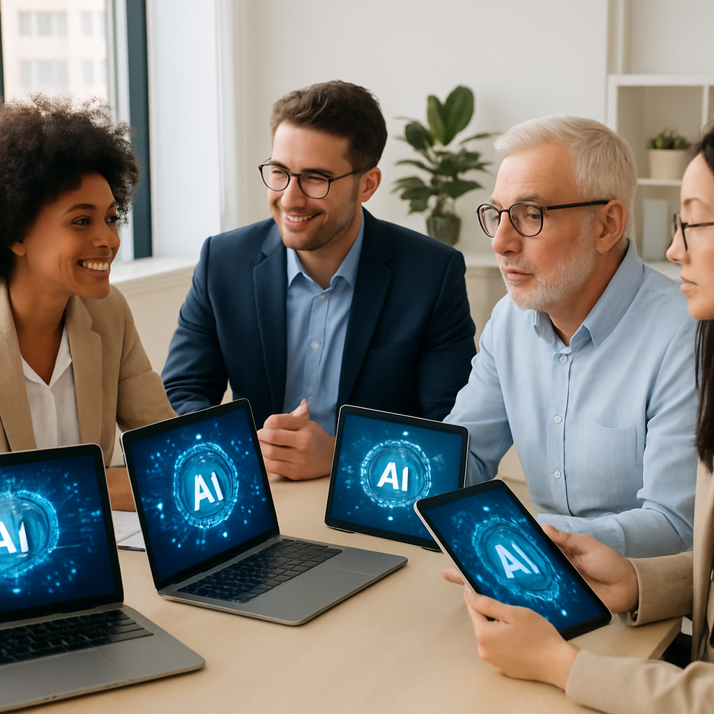 A small business team in Los Angeles discussing AI integration strategies in a modern office setting.