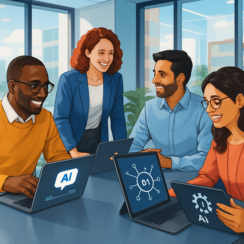 Team collaborating with AI tools on screens in a modern office
