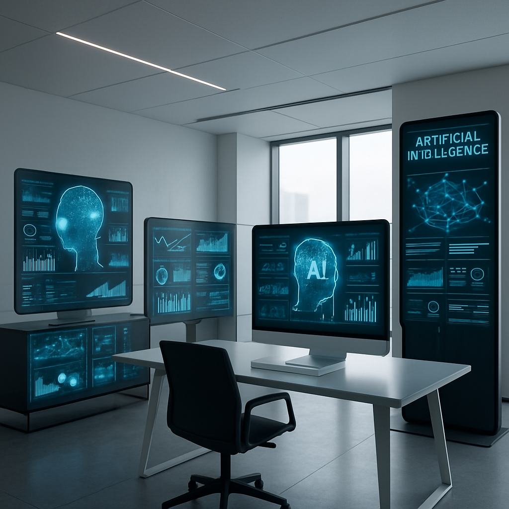 Modern office with AI technology displays and professionals discussing AI strategies