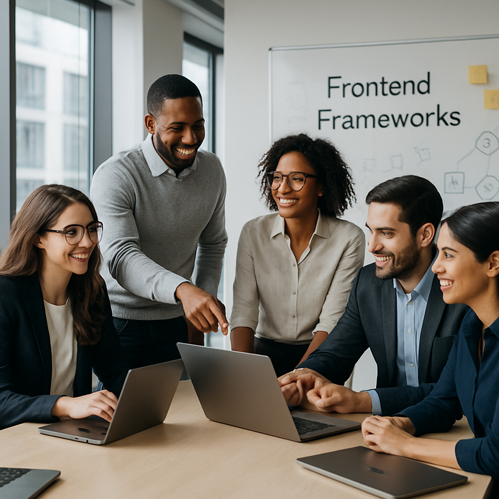 Team of developers discussing frontend frameworks in a modern office setting