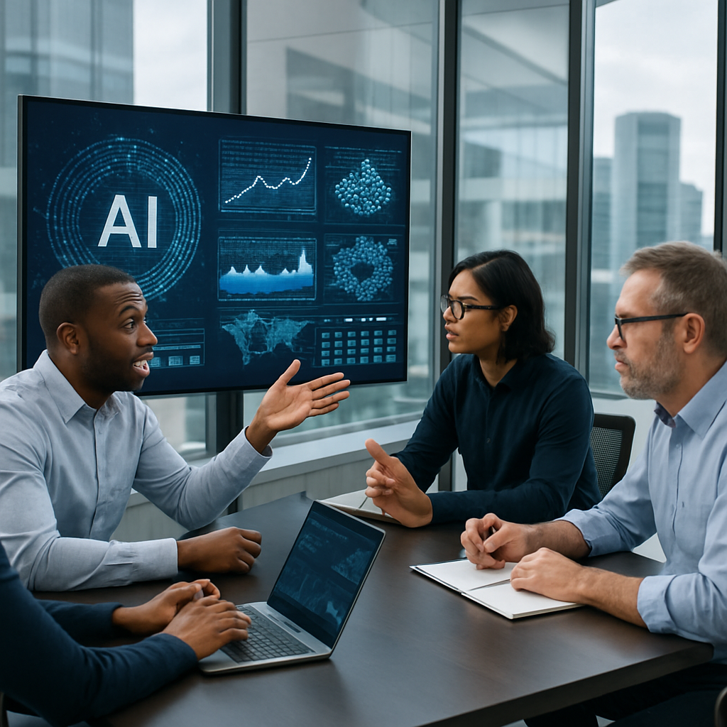Engineers collaborating on AI strategies in a bright modern office setting