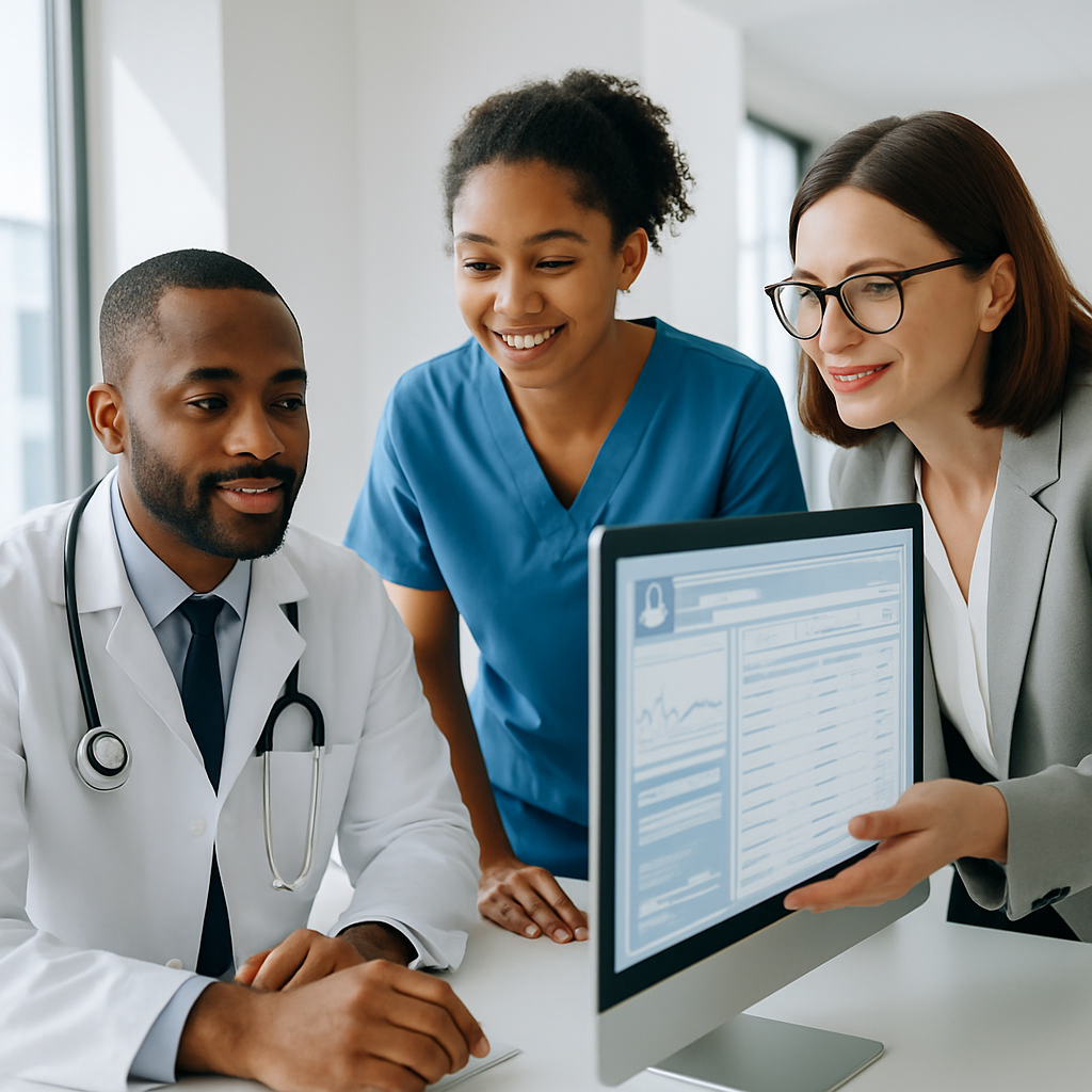 Healthcare professionals analyzing digital patient records using NLP technology