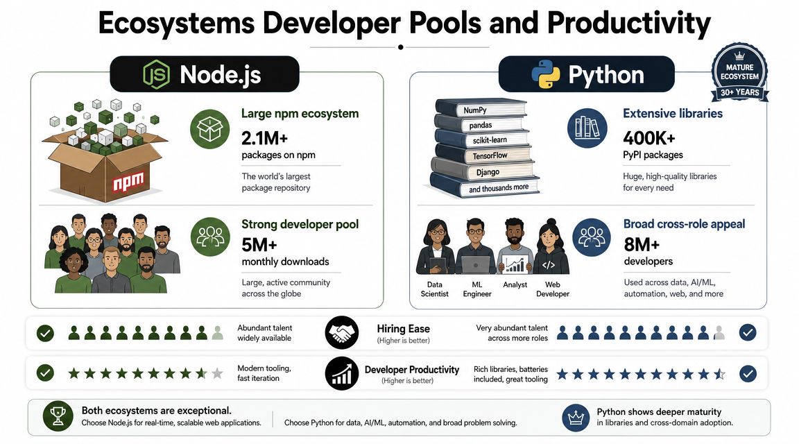 A comparative infographic highlighting the developer ecosystems, talent pools, and productivity of Node.js versus Python.