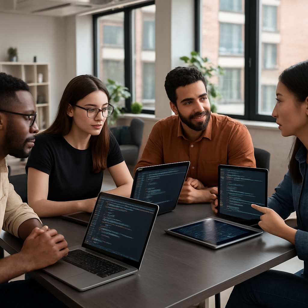 A diverse team of software developers collaborating around a table in a modern office environment.