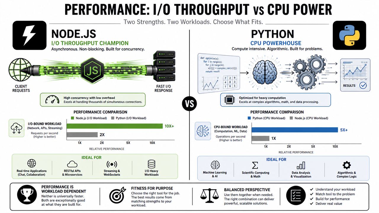 A performance comparison infographic between Node.js and Python highlighting their specific strengths in I/O and CPU workloads.