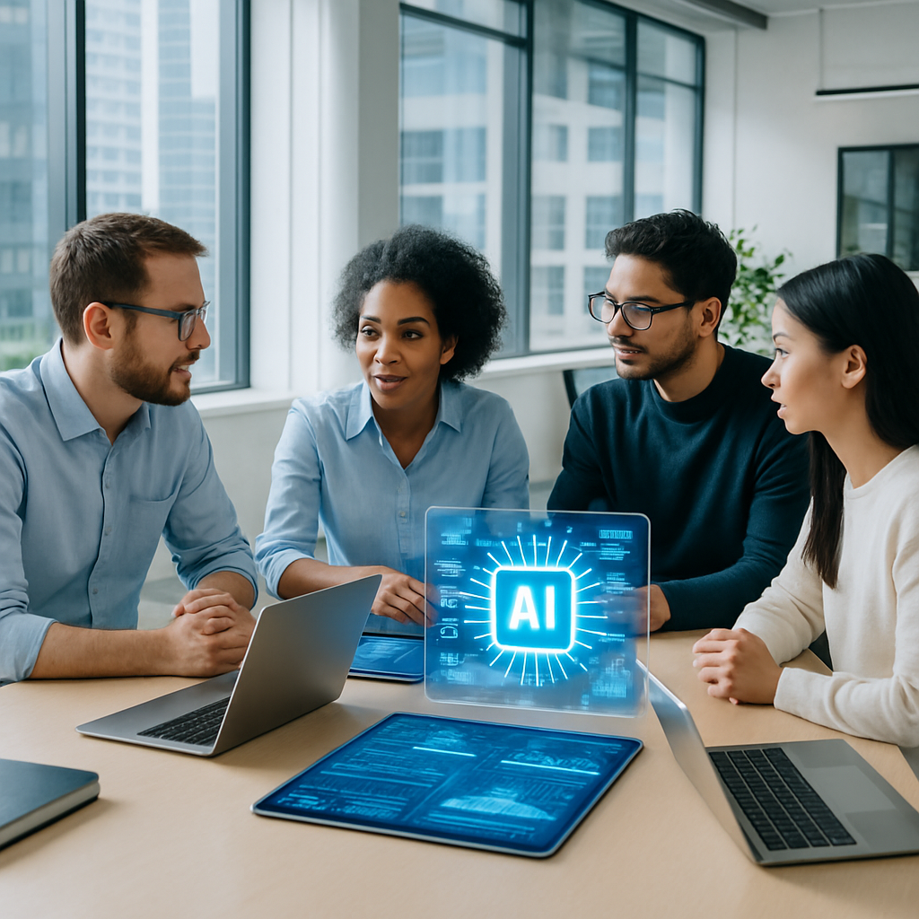 Team working on AI application development in a modern office setting
