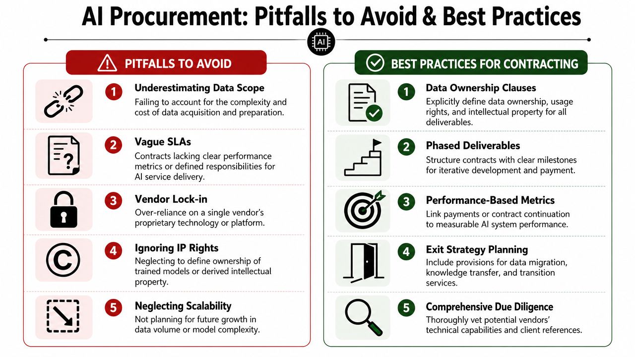 A structured infographic illustrating common AI procurement pitfalls and corresponding best practices for successful contract negotiations.