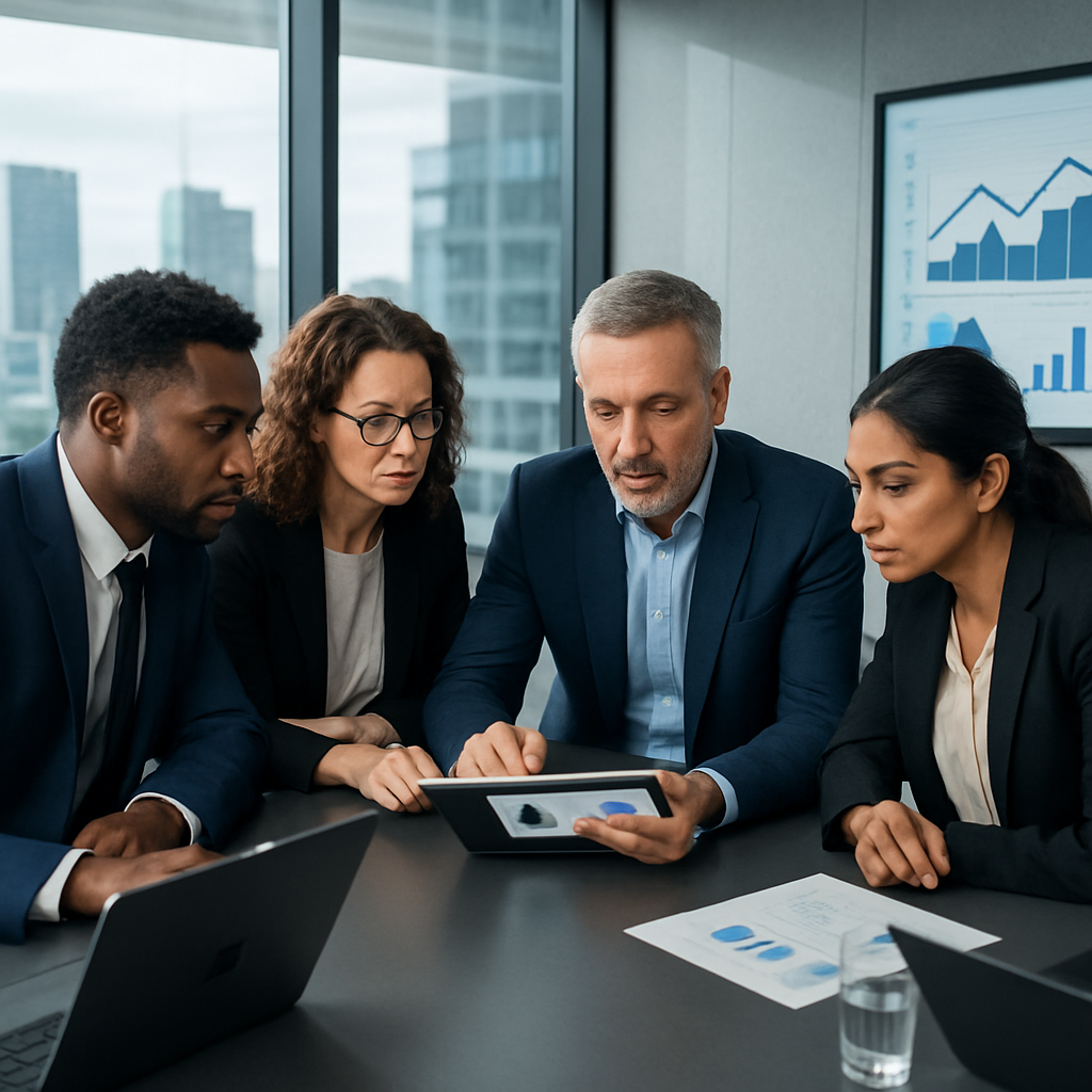 Team of professionals discussing enterprise identity management strategy in a modern office setting