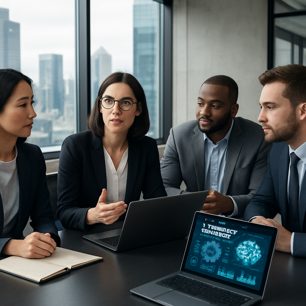 Team discussing AI governance frameworks with digital displays in a modern office setting
