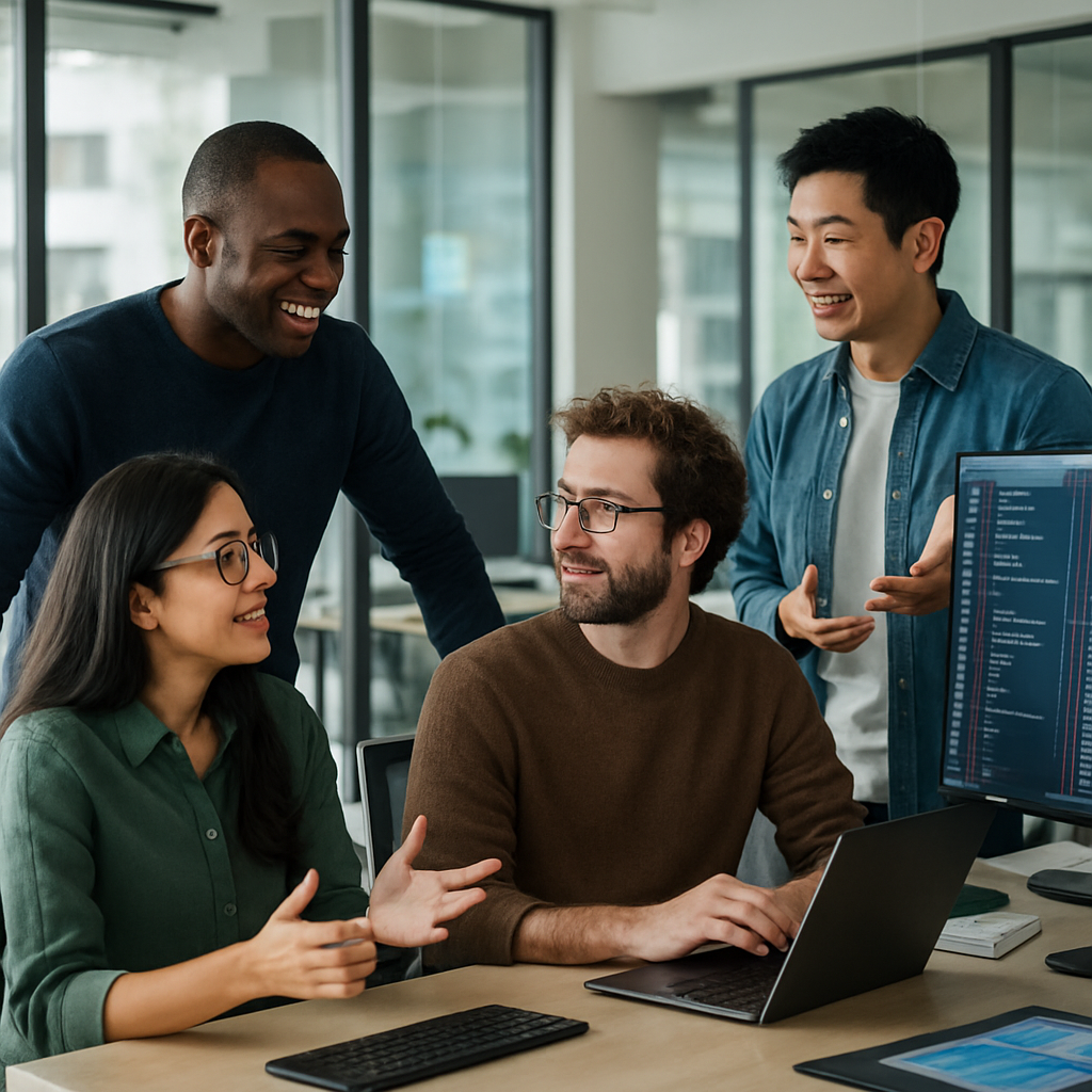 Software development team collaborating in a modern office setting