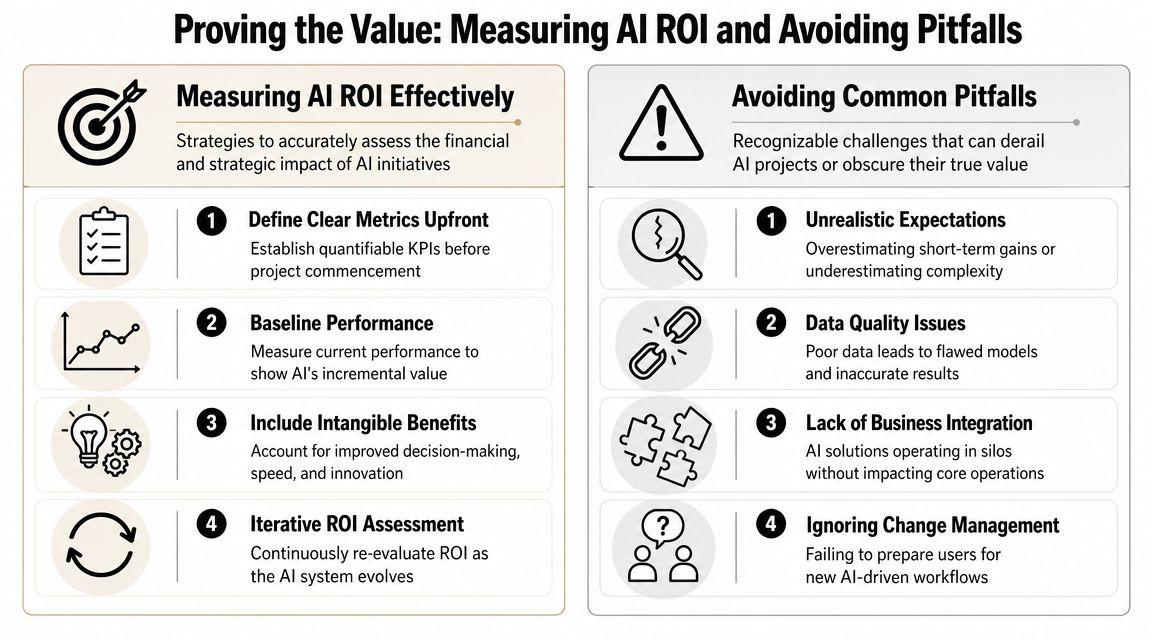 An infographic titled Proving the Value of AI, detailing four strategies for measuring ROI and four common pitfalls.