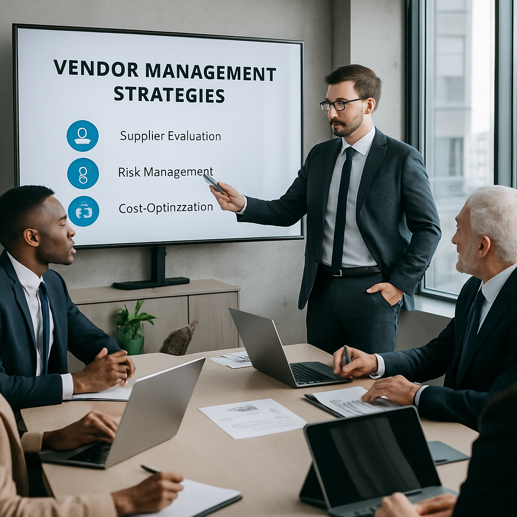 A business team reviewing vendor management strategies with charts and documents in a modern office setting.