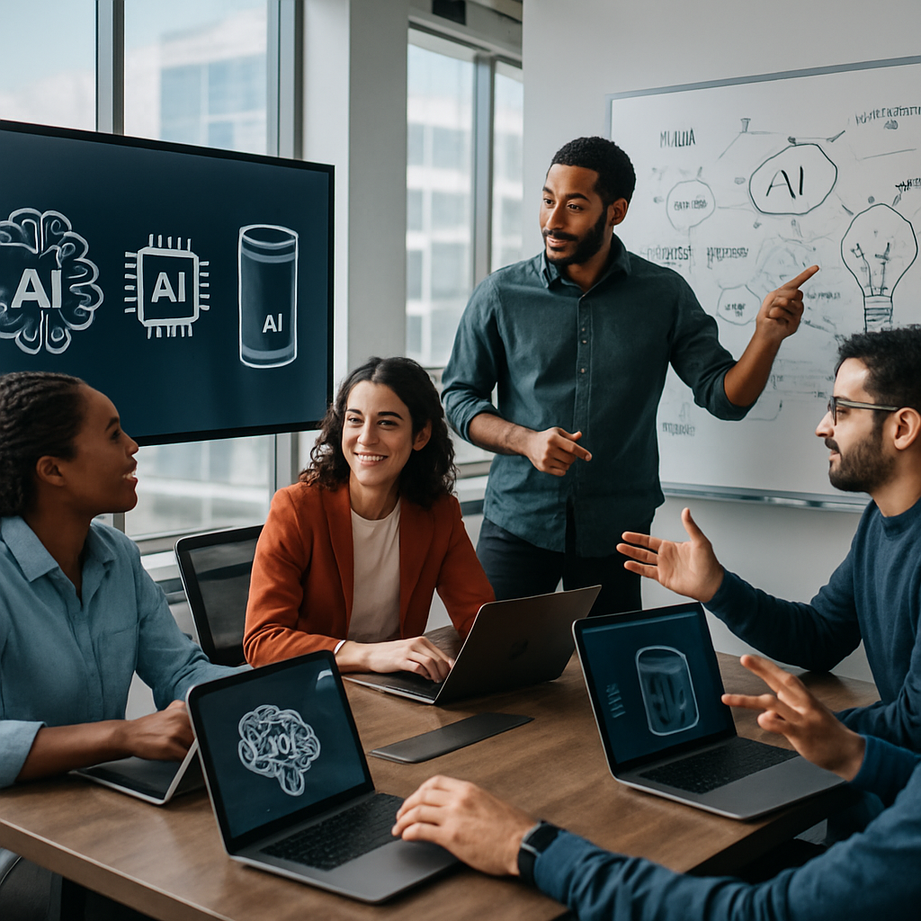 Team collaborating on AI product designs in a modern office