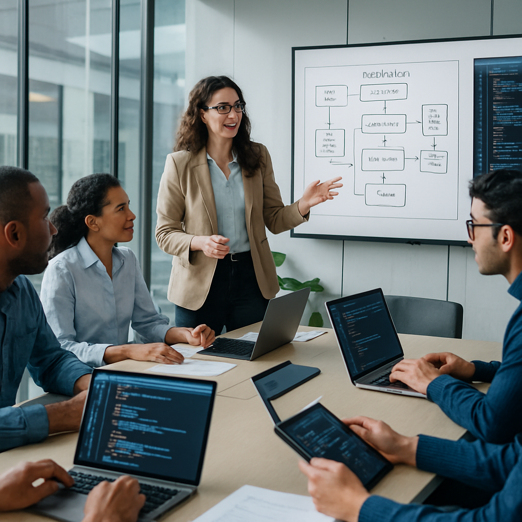 Team of professionals discussing enterprise application development strategies in a modern office setting