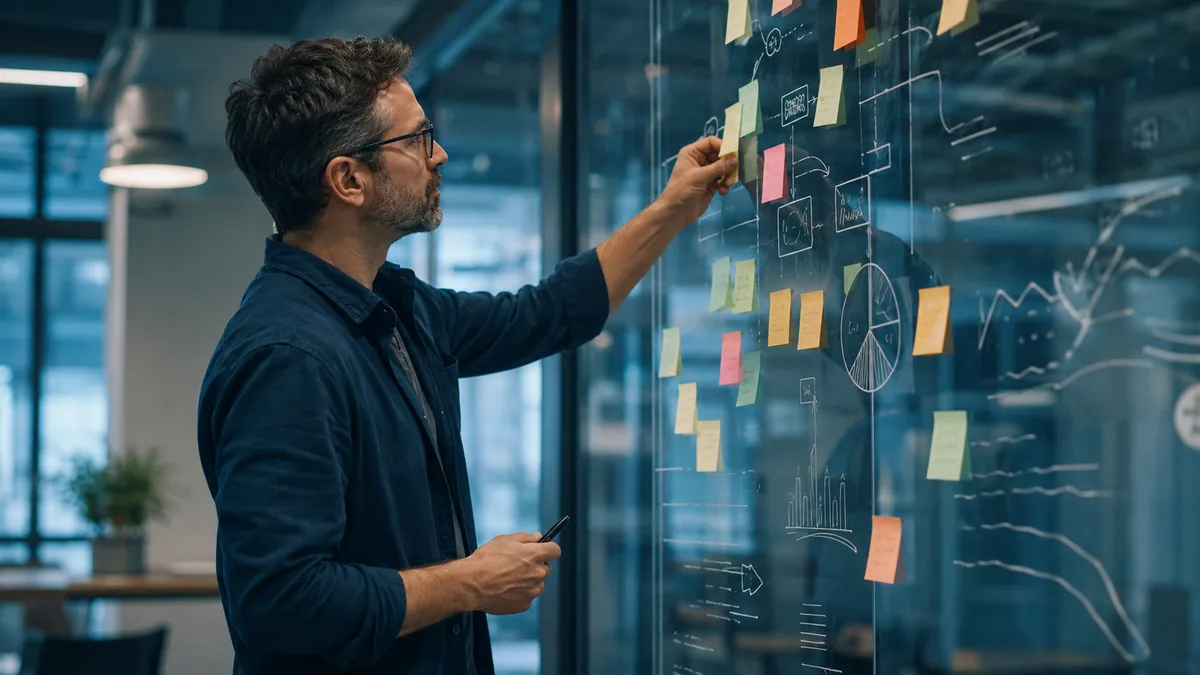 A focused lead at a glass wall mapping an AI project cost breakdown with sticky notes and charts, representing careful estimation of hidden AI costs