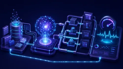 Diagram of AI development as a connected system: data strategy, model development, integration into existing systems, and post-launch monitoring