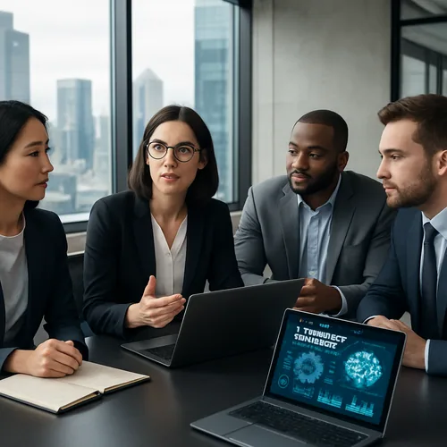 Team discussing AI governance frameworks with digital displays in a modern office setting