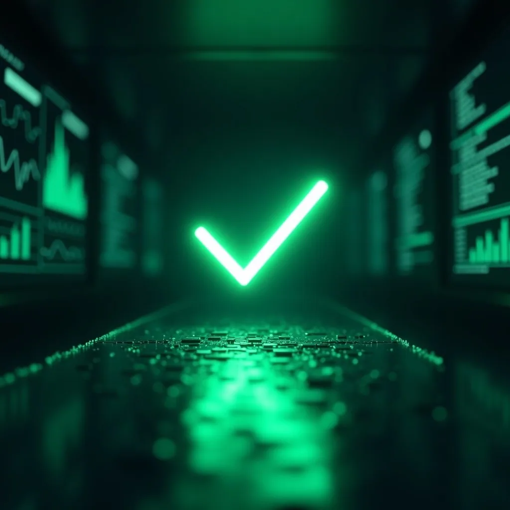 A glowing green checkmark floating in a dark control room lined with dashboards above a faint cracked circuit path, evoking a passing test suite that hides a real defect