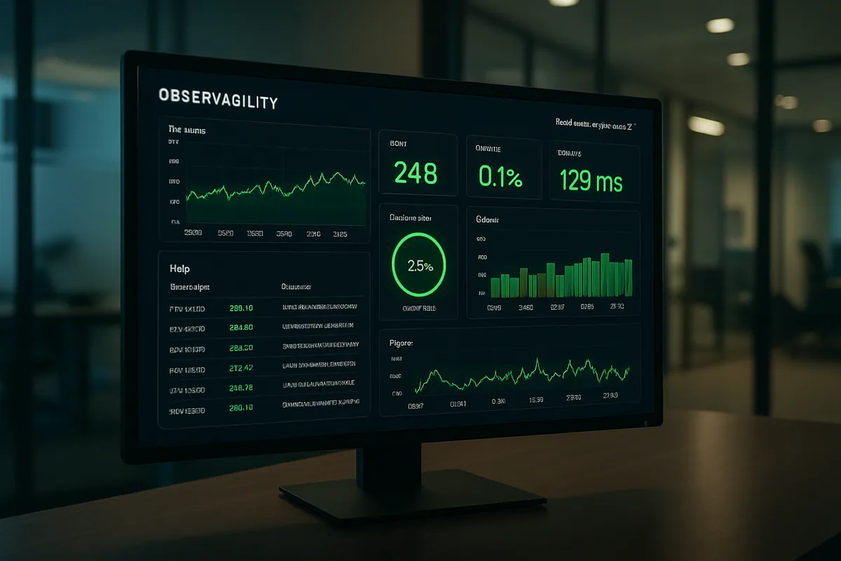 Application monitoring dashboard showing latency, error rate, and performance enhancement signals for a production app