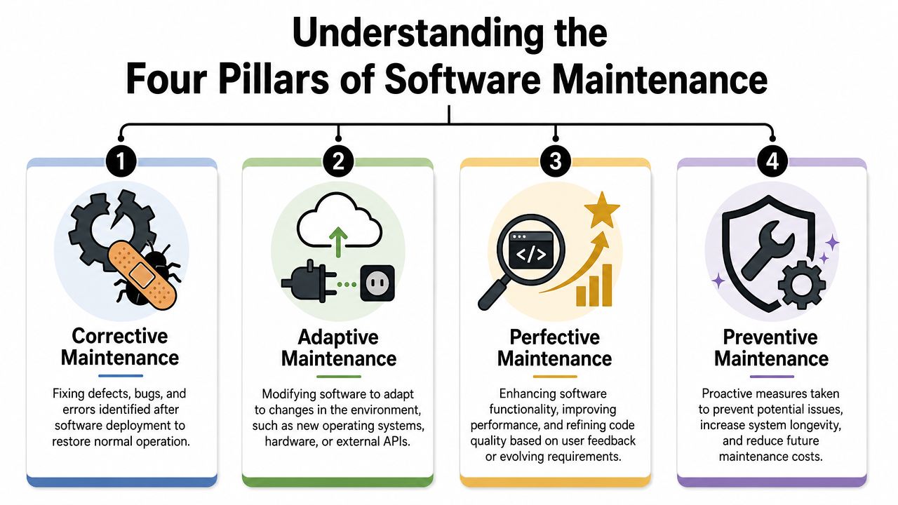 An infographic illustrating the four pillars of software maintenance: corrective, adaptive, perfective, and preventive maintenance strategies.