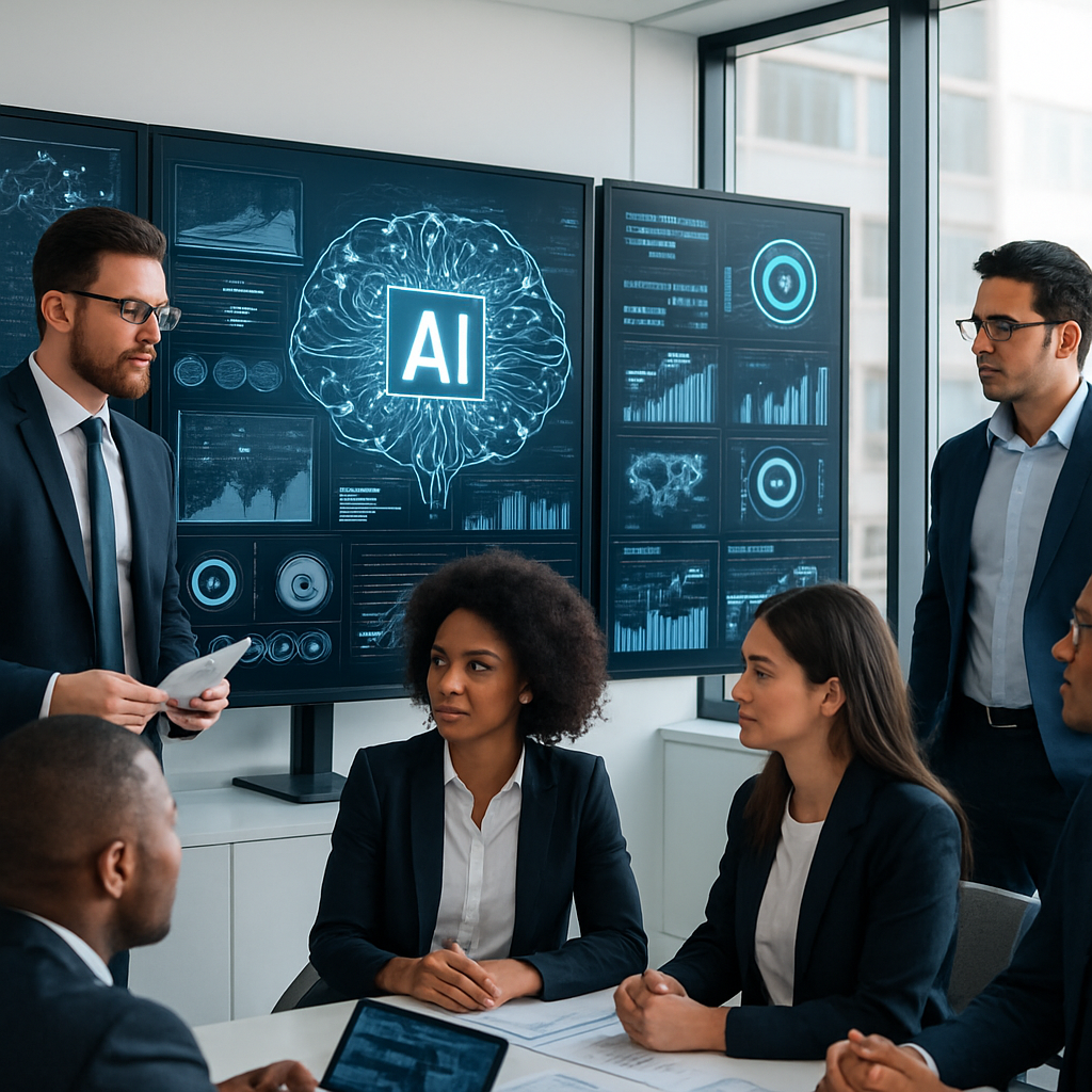 Team reviewing AI data on multiple screens in a modern office setting