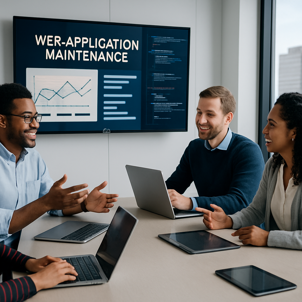 IT professionals in a modern office discussing web application maintenance strategies