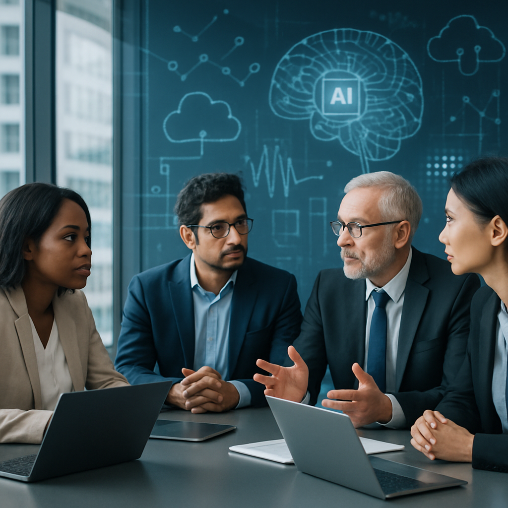 Professionals in a modern office discussing AI strategy with charts and graphs on a screen