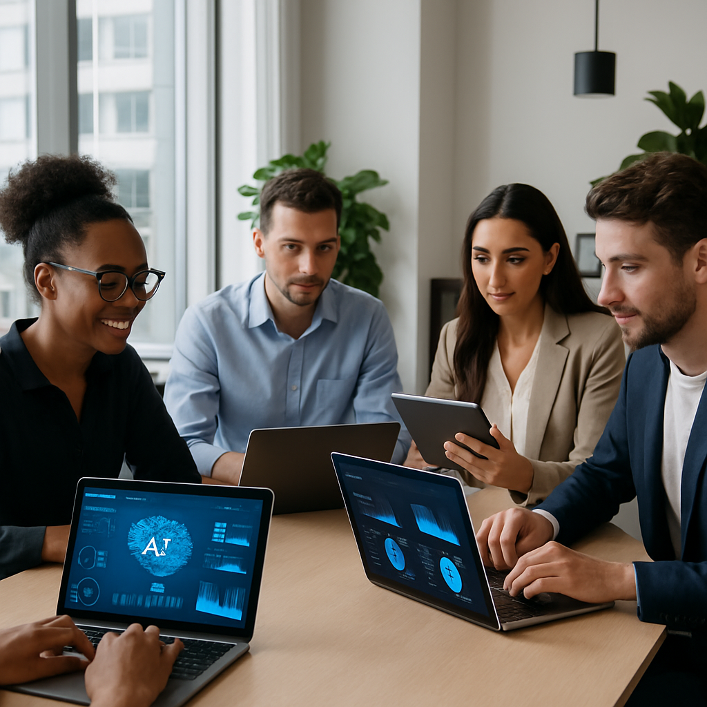 Small business team collaborating with AI tools on screens in a bright office